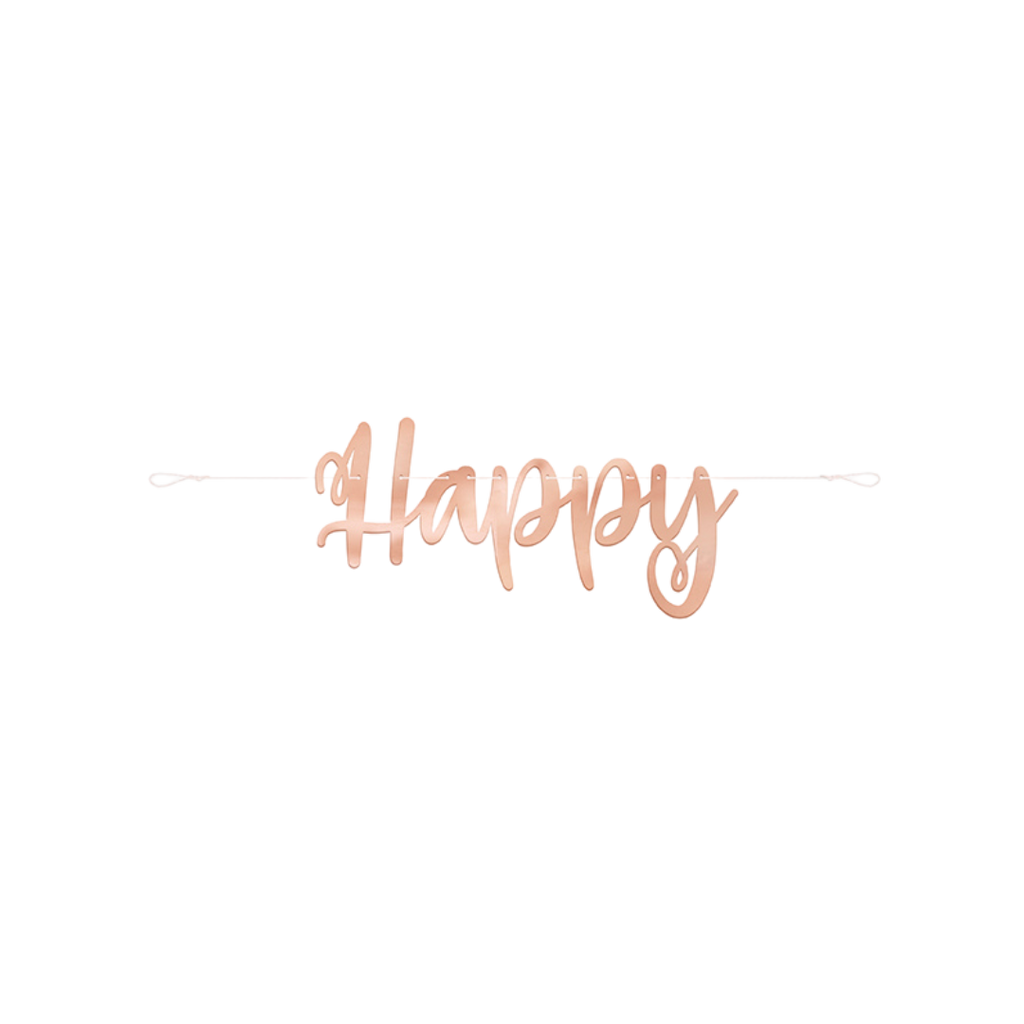 Rose gold happy banner in script font birthday decoration from Parte Haus party supply store in Bethesda MD