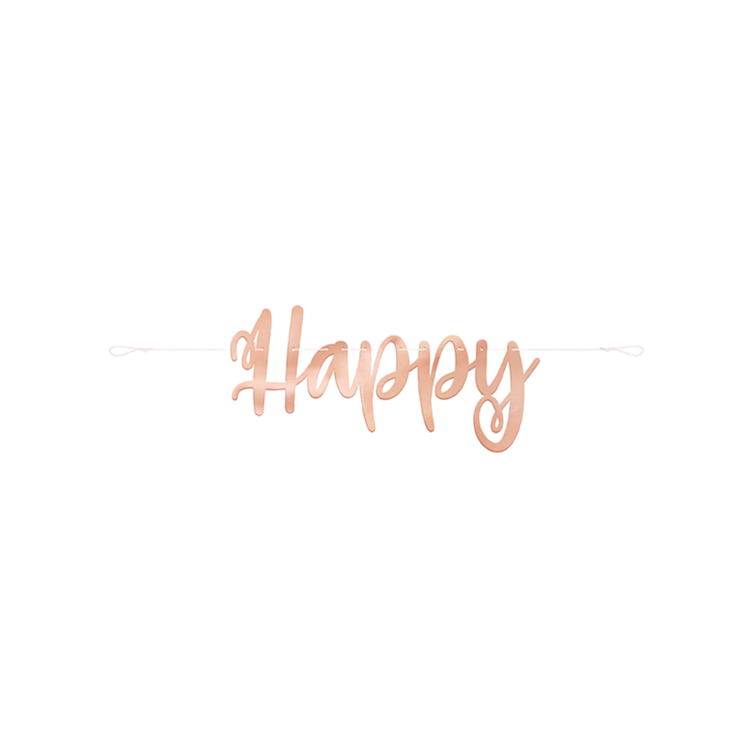 Rose gold happy banner in script font birthday decoration from Parte Haus party supply store in Bethesda MD