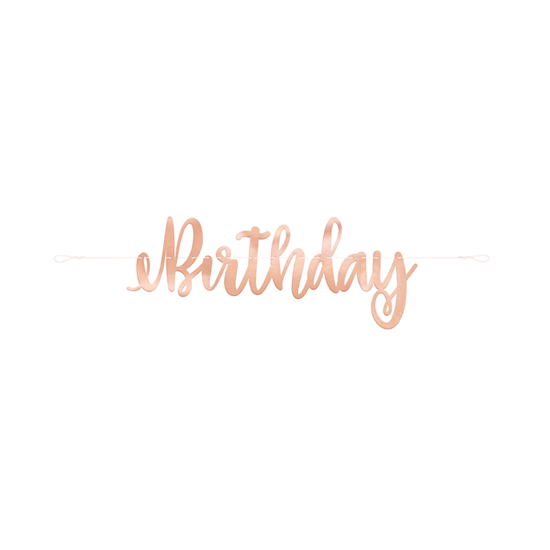 rose gold birthday banner cursive party decor birthday theme from Parte Haus party supply store in Bethesda MD