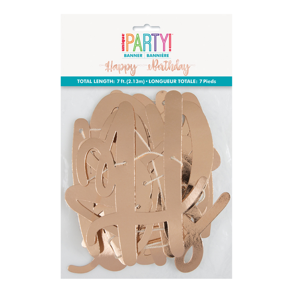 Rose gold happy birthday banner with cursive letters for birthday from Parte Haus party supply store in Bethesda MD