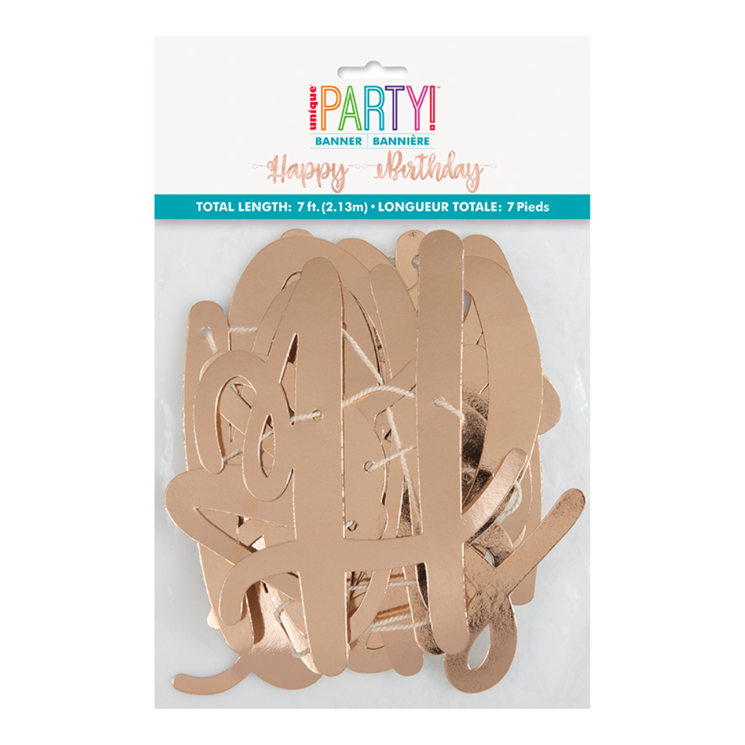 Rose gold happy birthday banner with cursive letters for birthday from Parte Haus party supply store in Bethesda MD