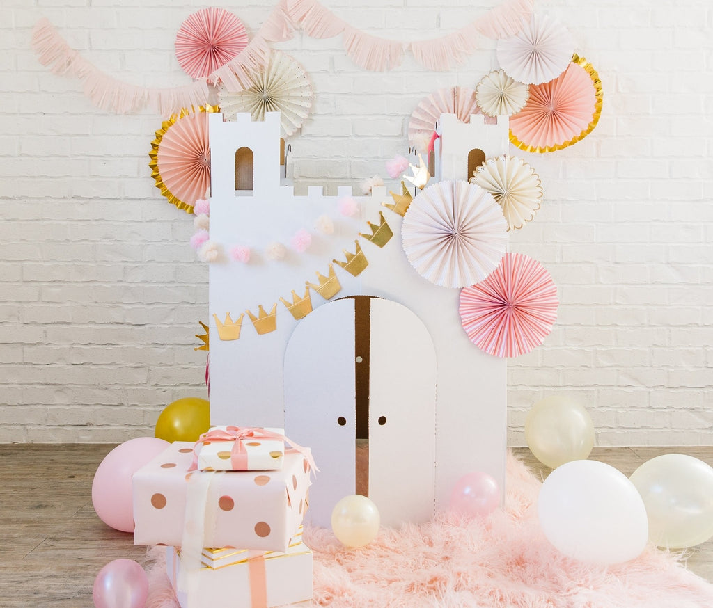 White and pink castle playhouse decor for princess birthday from Parte Haus party supply store in Bethesda MD
