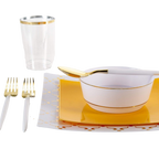Gold and white disposable tableware set with utensils and plates for elegant celebrations from Parte Haus party supply store in Bethesda MD