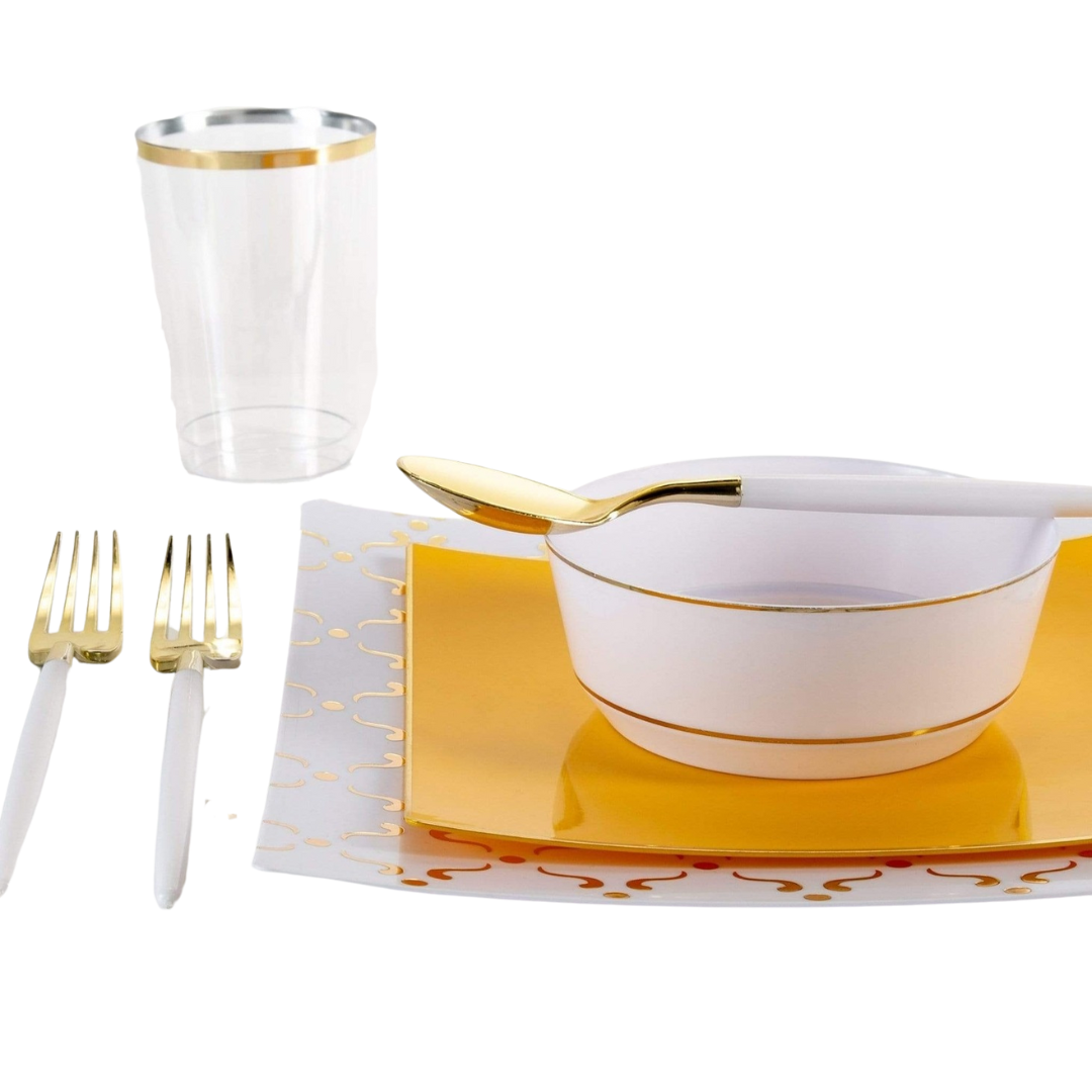 Gold and white disposable tableware set with utensils and plates for elegant celebrations from Parte Haus party supply store in Bethesda MD
