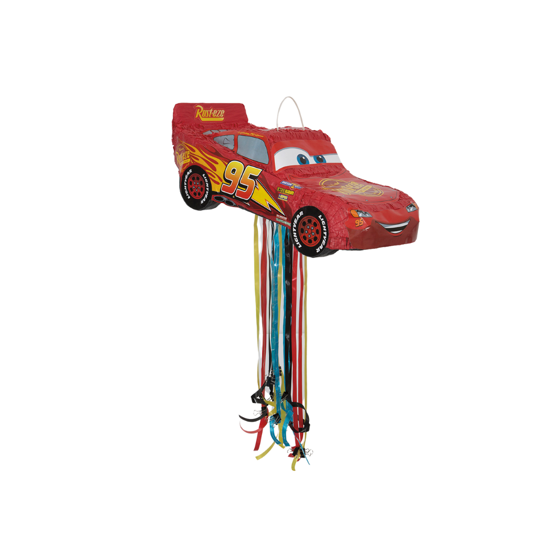 Red car piñata shaped like Lightning McQueen for birthday from Parte Haus party supply store in Bethesda MD.