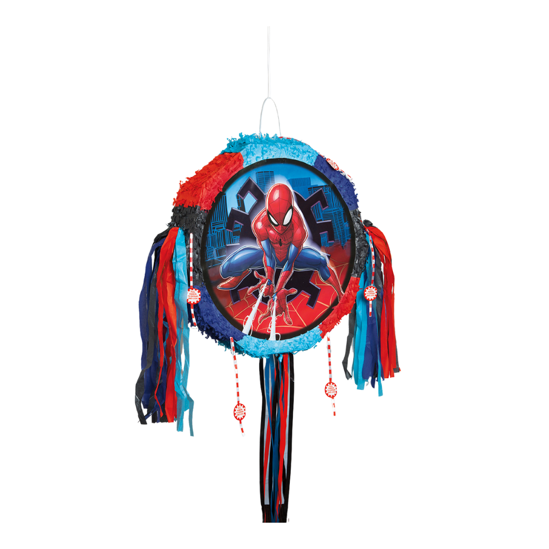 Red blue Spiderman pinata with city design for superhero birthday from Parte Haus party supply store in Bethesda MD