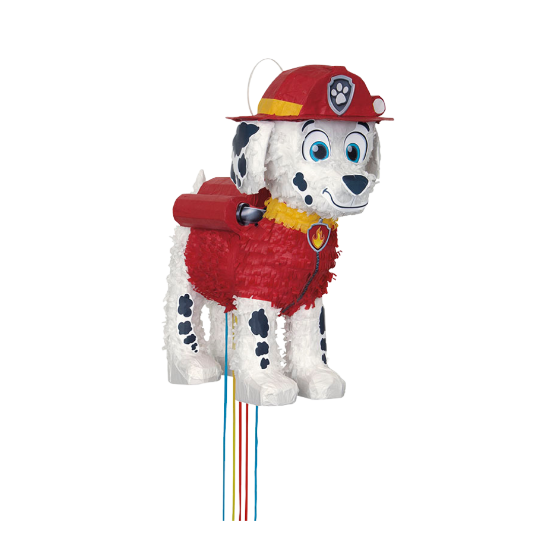 Red and white dog piñata shaped like a fire pup birthday theme from Parte Haus party supply store in Bethesda MD