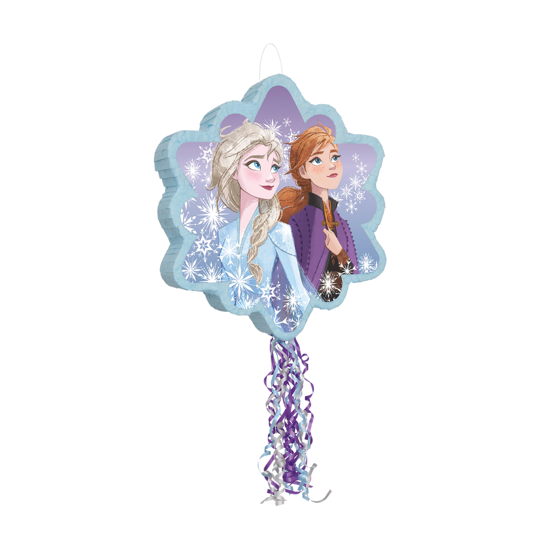 Blue Frozen themed pinata with sisters and snowflakes for birthday party from Parte Haus party supply store in Bethesda MD