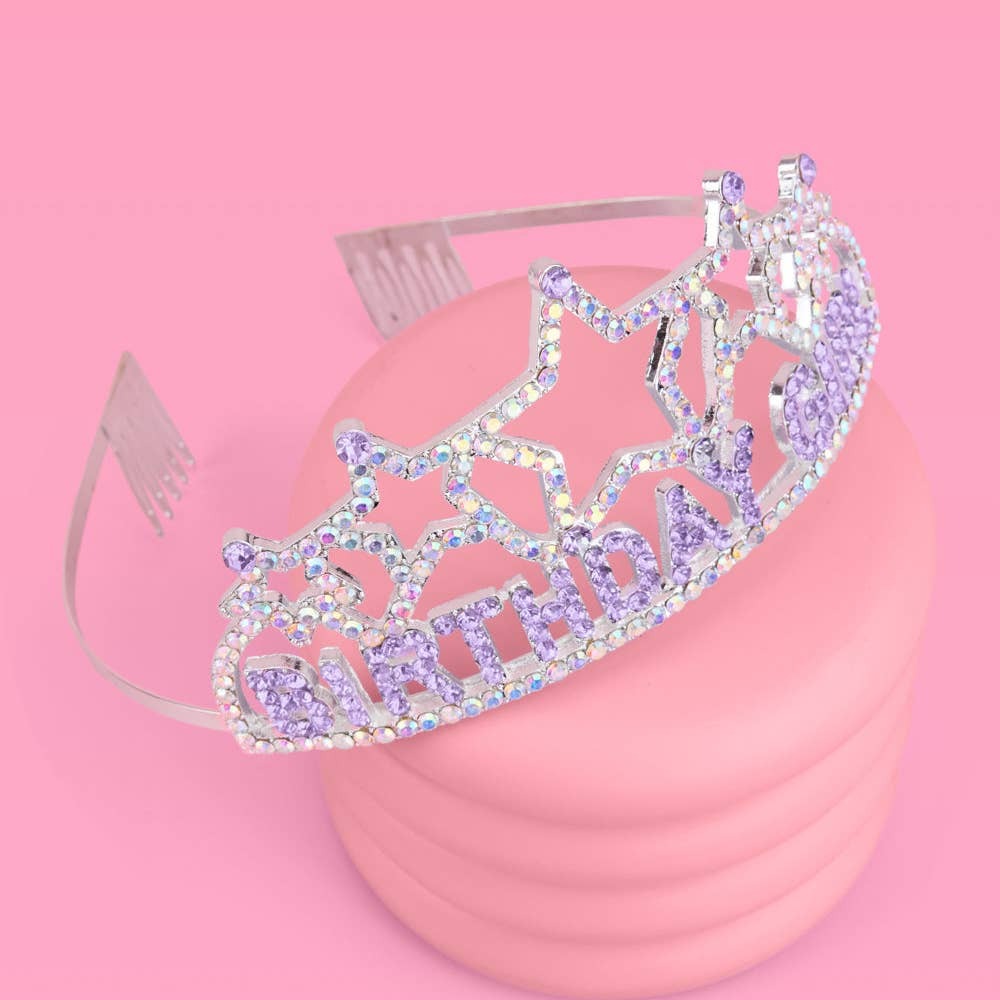 Purple rhinestone birthday tiara crown for birthday celebration from Parte Haus party supply store in Bethesda MD