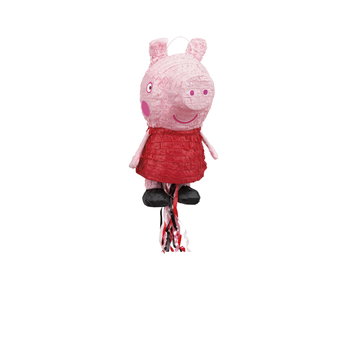 Pink and red pig character pinata with streamers kids birthday from Parte Haus party supply store in Bethesda MD