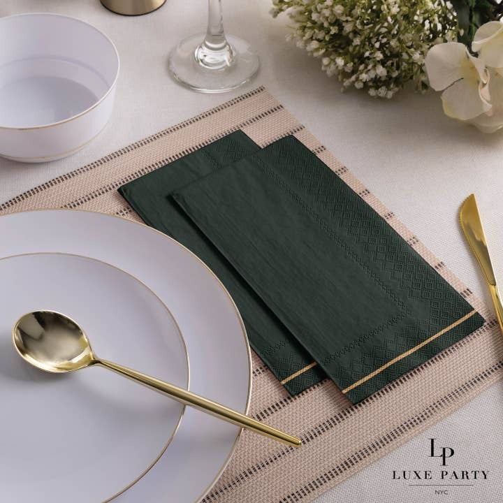 Dark green napkins elegant dining table decor for wedding from Parte Haus party supply store in Bethesda Maryland