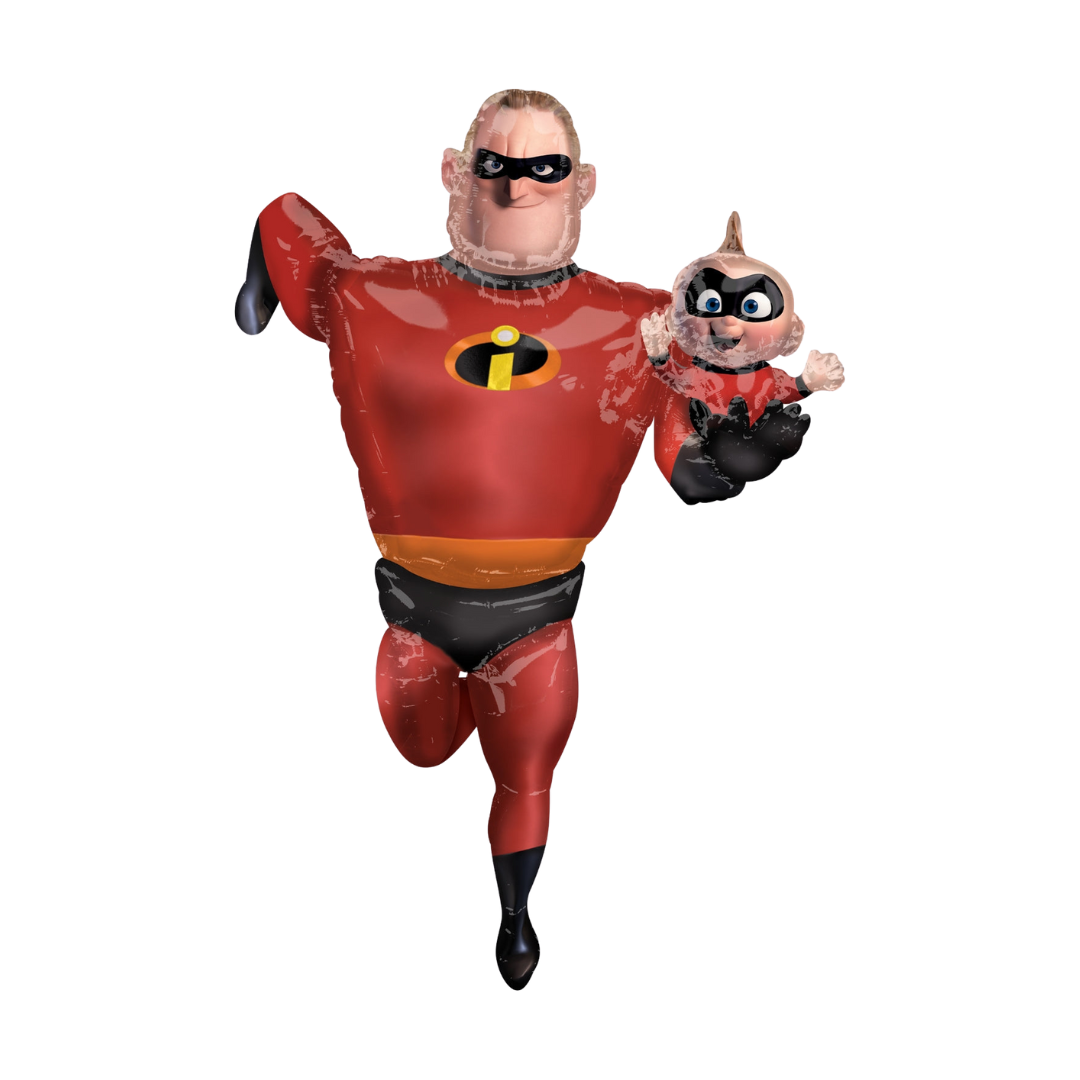 Red superhero balloon with two cartoon characters for birthday from Parte Haus party supply store in Bethesda MD