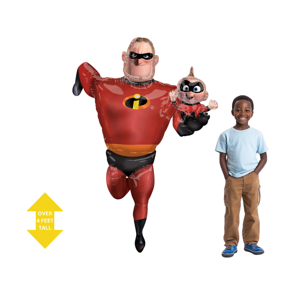 Red Incredibles balloon shaped like superhero and baby for birthday from Parte Haus party supply store in Bethesda MD