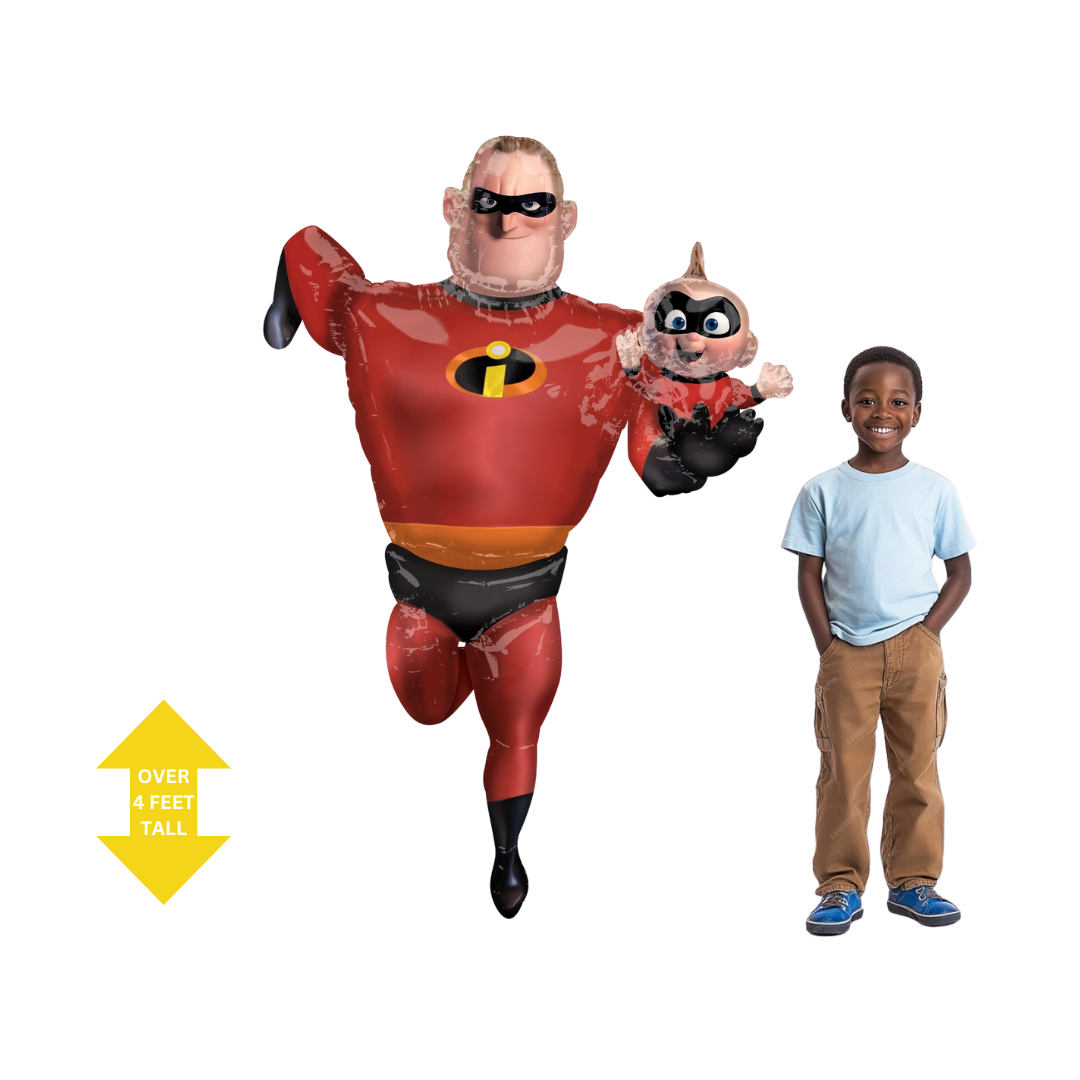 Red Incredibles balloon shaped like superhero and baby for birthday from Parte Haus party supply store in Bethesda MD