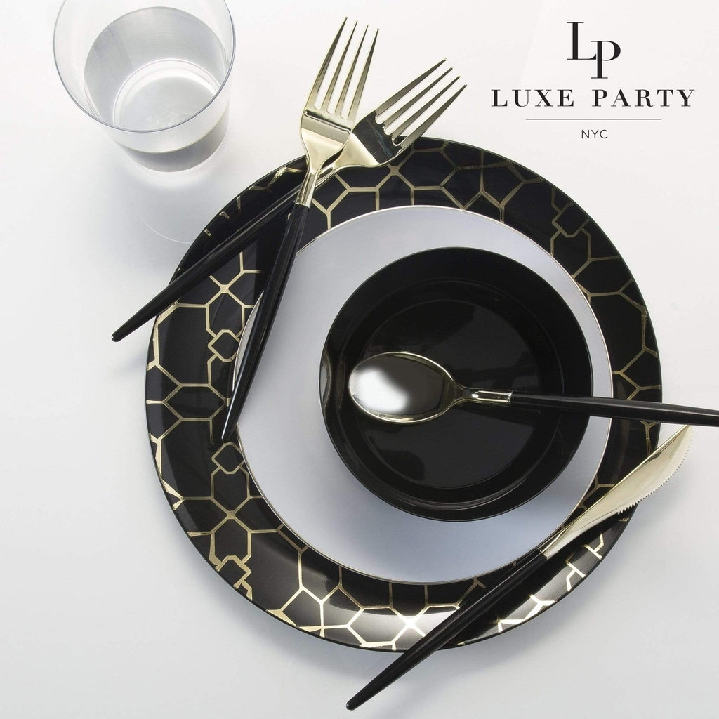 Black and gold dinnerware set modern geometric design celebration theme from Parte Haus party supply store in Bethesda Maryland