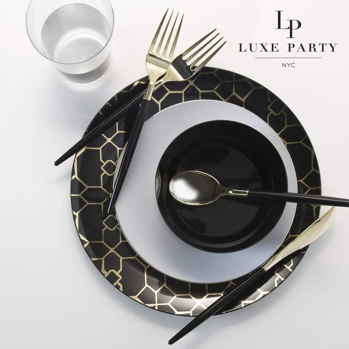 Black and gold dinnerware set modern geometric design celebration theme from Parte Haus party supply store in Bethesda Maryland