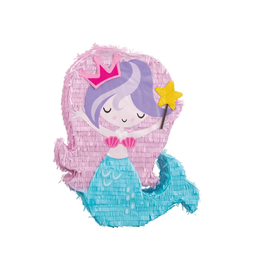 Pink and blue mermaid piñata with crown and wand for birthday party from Parte Haus party supply store in Bethesda MD