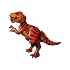 Orange and black T Rex dinosaur balloon lifelike Jurassic World birthday decor from Parte Haus party supply store in Bethesda MD