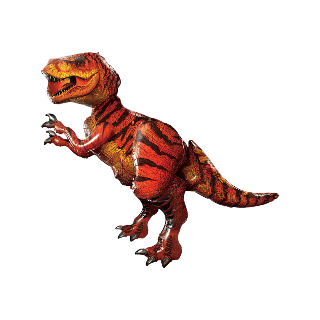 Orange and black T Rex dinosaur balloon lifelike Jurassic World birthday decor from Parte Haus party supply store in Bethesda MD