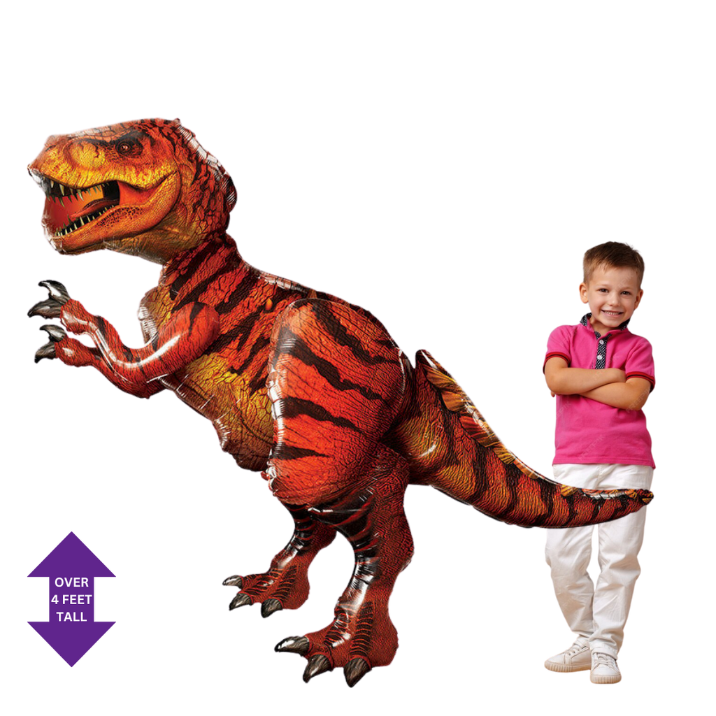 red and orange dinosaur balloon with boy for Jurassic birthday from Parte Haus party supply store in Bethesda Maryland