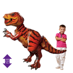 red and orange dinosaur balloon with boy for Jurassic birthday from Parte Haus party supply store in Bethesda Maryland