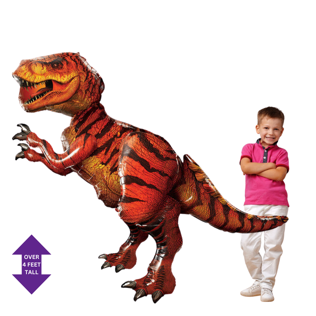 red and orange dinosaur balloon with boy for Jurassic birthday from Parte Haus party supply store in Bethesda Maryland