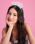Silver glitter birthday girl tiara headband worn by woman for birthday from Parte Haus party supply store in Bethesda MD