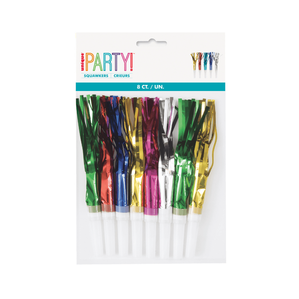 Metallic rainbow squawkers pack with shiny fringe for birthday celebration from Parte Haus party supply store in Bethesda MD