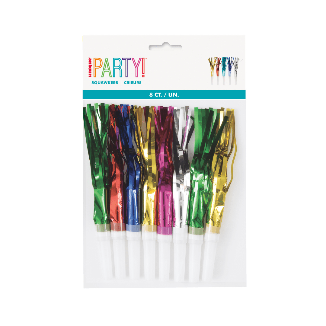 Metallic rainbow squawkers pack with shiny fringe for birthday celebration from Parte Haus party supply store in Bethesda MD