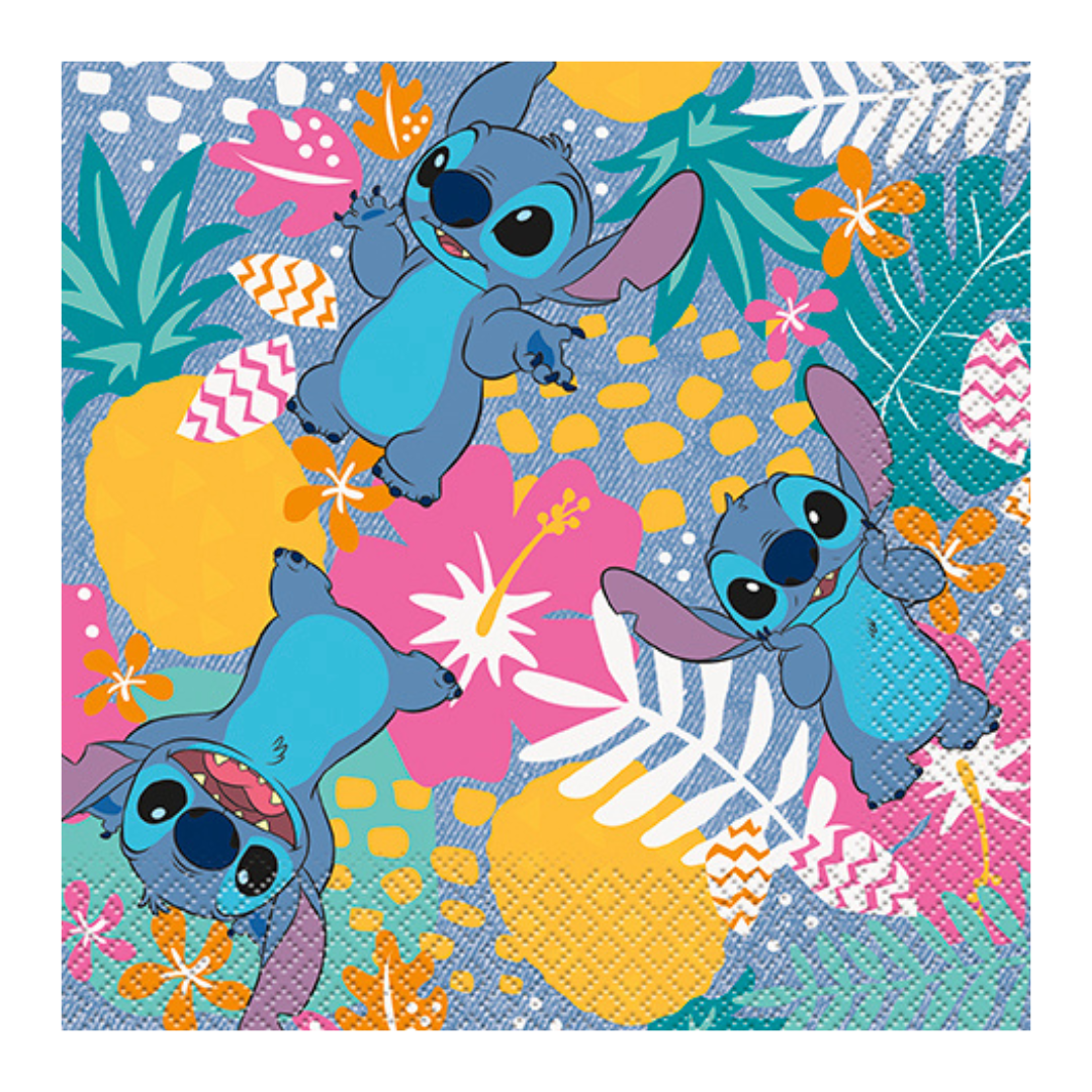Blue tropical themed cartoon napkin with colorful leaves and flowers for birthday from Parte Haus party supply store in Bethesda MD