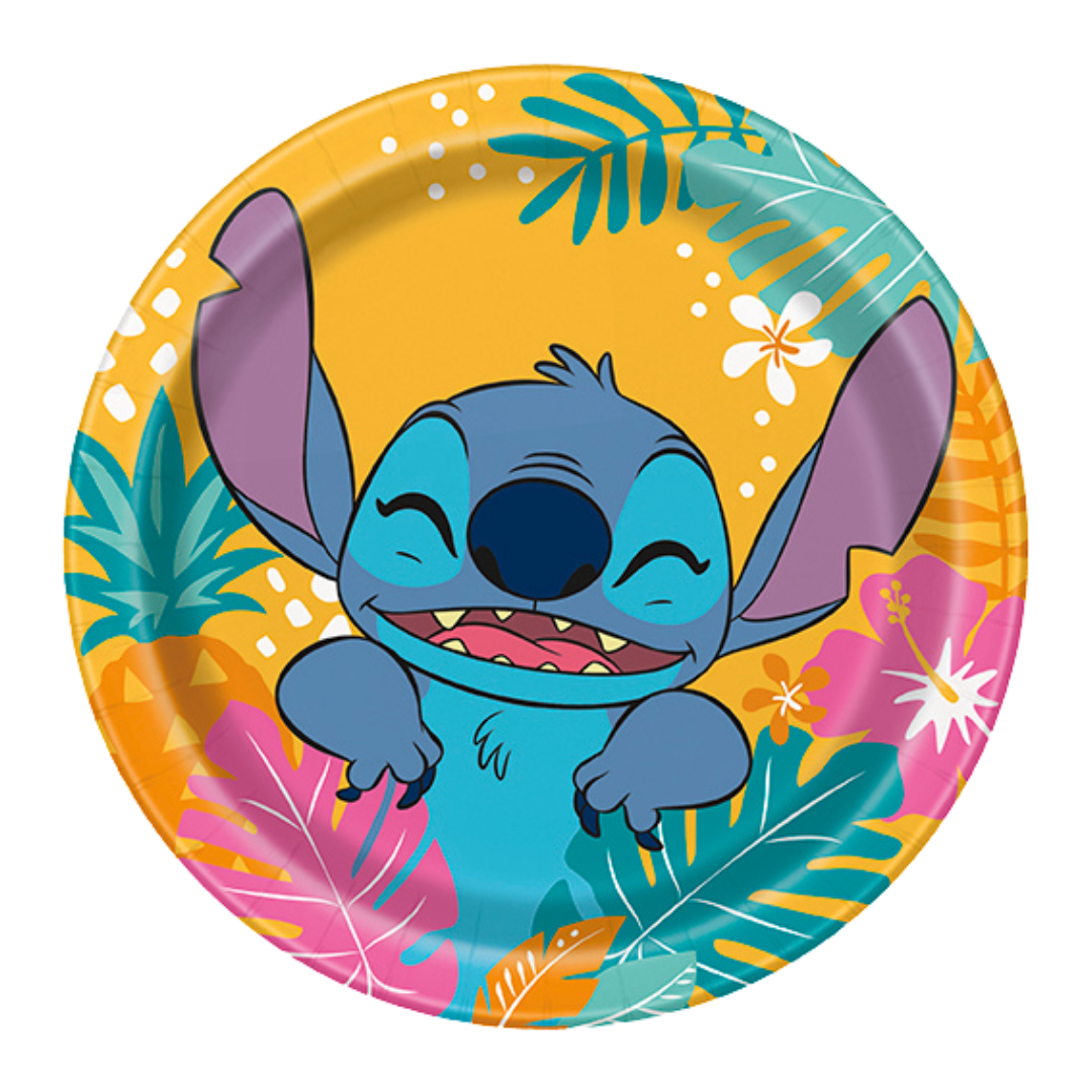 Yellow Stitch paper plate with colorful tropical flowers luau theme from Parte Haus party supply store in Bethesda MD.