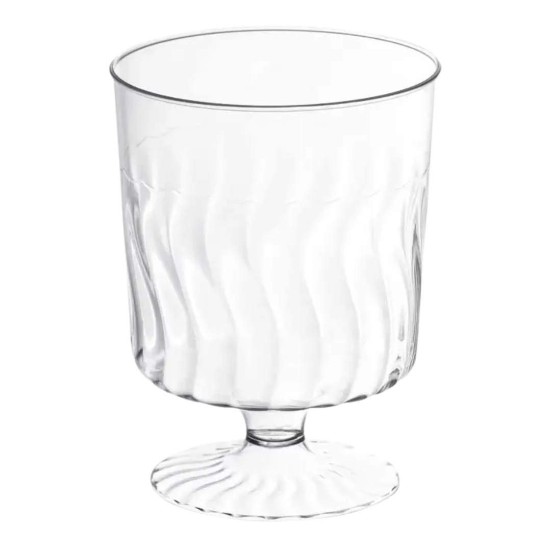 Clear plastic wine goblet with a wavy texture for celebrations from Parte Haus party supply store in Bethesda MD