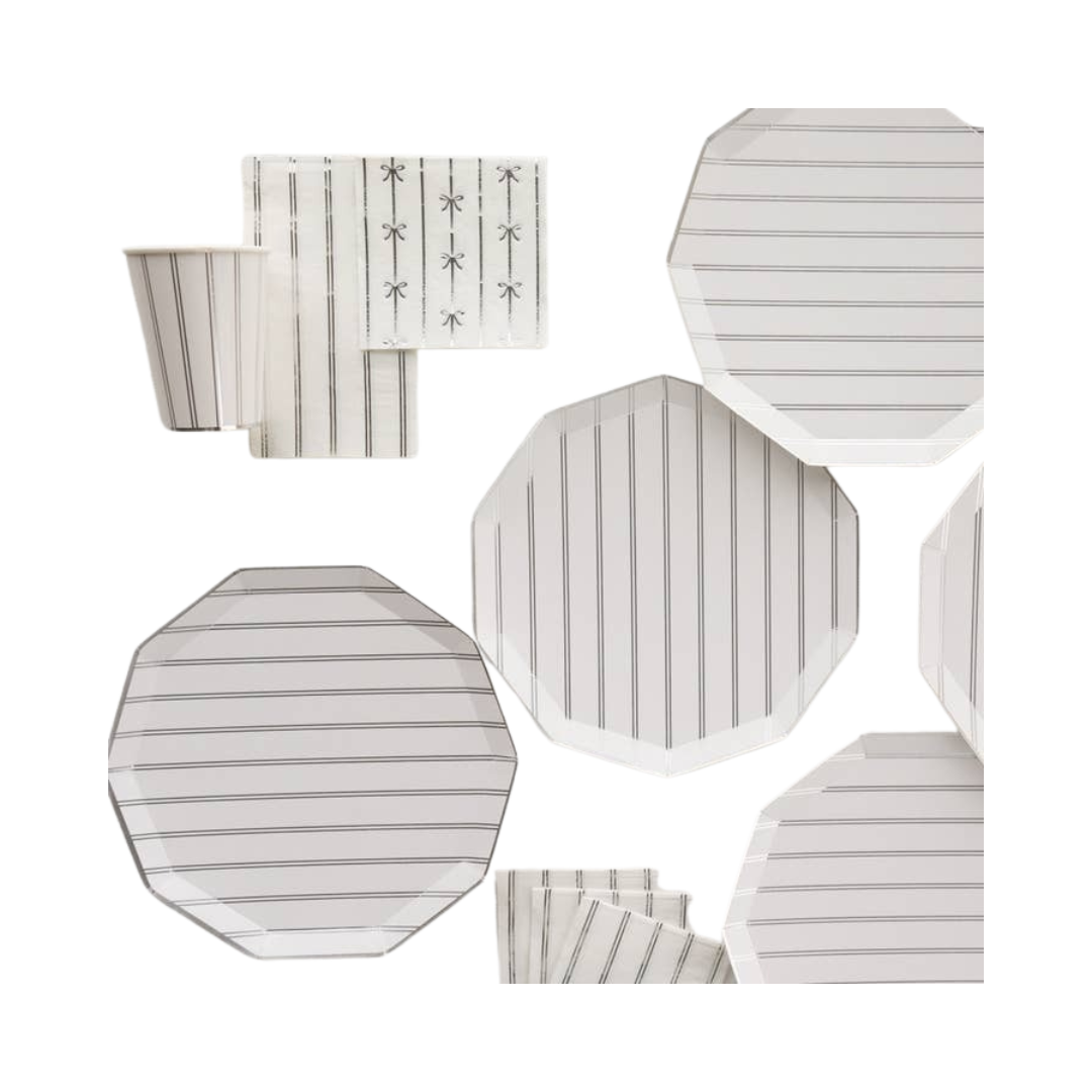 White striped plate set with cups and napkins for birthday from Parte Haus party supply store in Bethesda Maryland