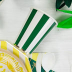 Green and white striped paper cup with plates and utensils for birthday from Parte Haus party supply store in Bethesda MD