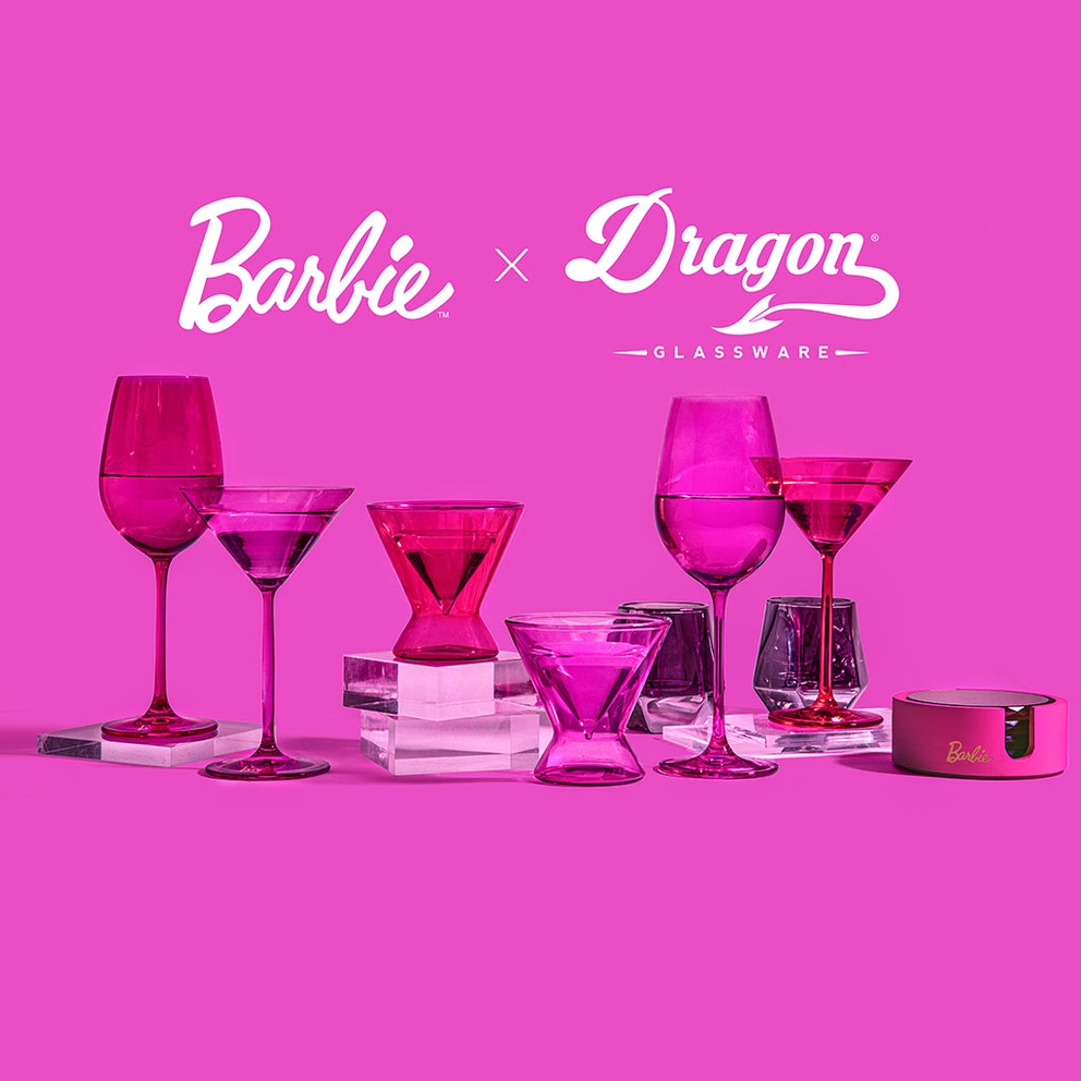 Pink Barbie martini glasses and wine glasses on pink background cocktail theme from Parte Haus party supply store in Bethesda Maryland