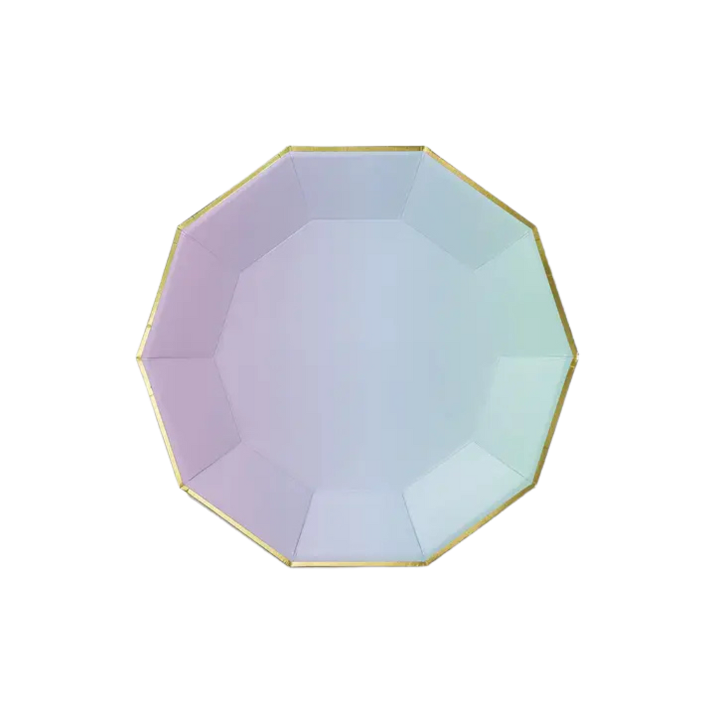 Iridescent pastel octagon plate with gold rim from Parte Haus party supply store in Bethesda Maryland