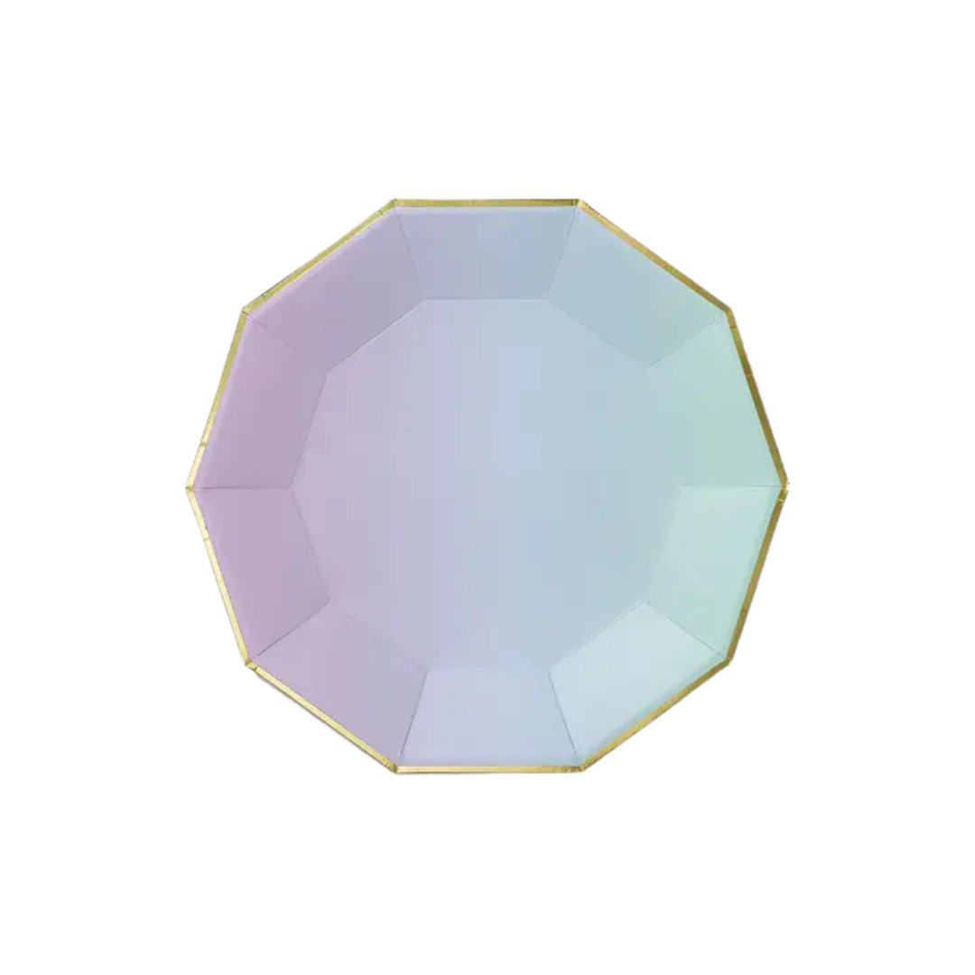 Iridescent pastel octagon plate with gold rim from Parte Haus party supply store in Bethesda Maryland