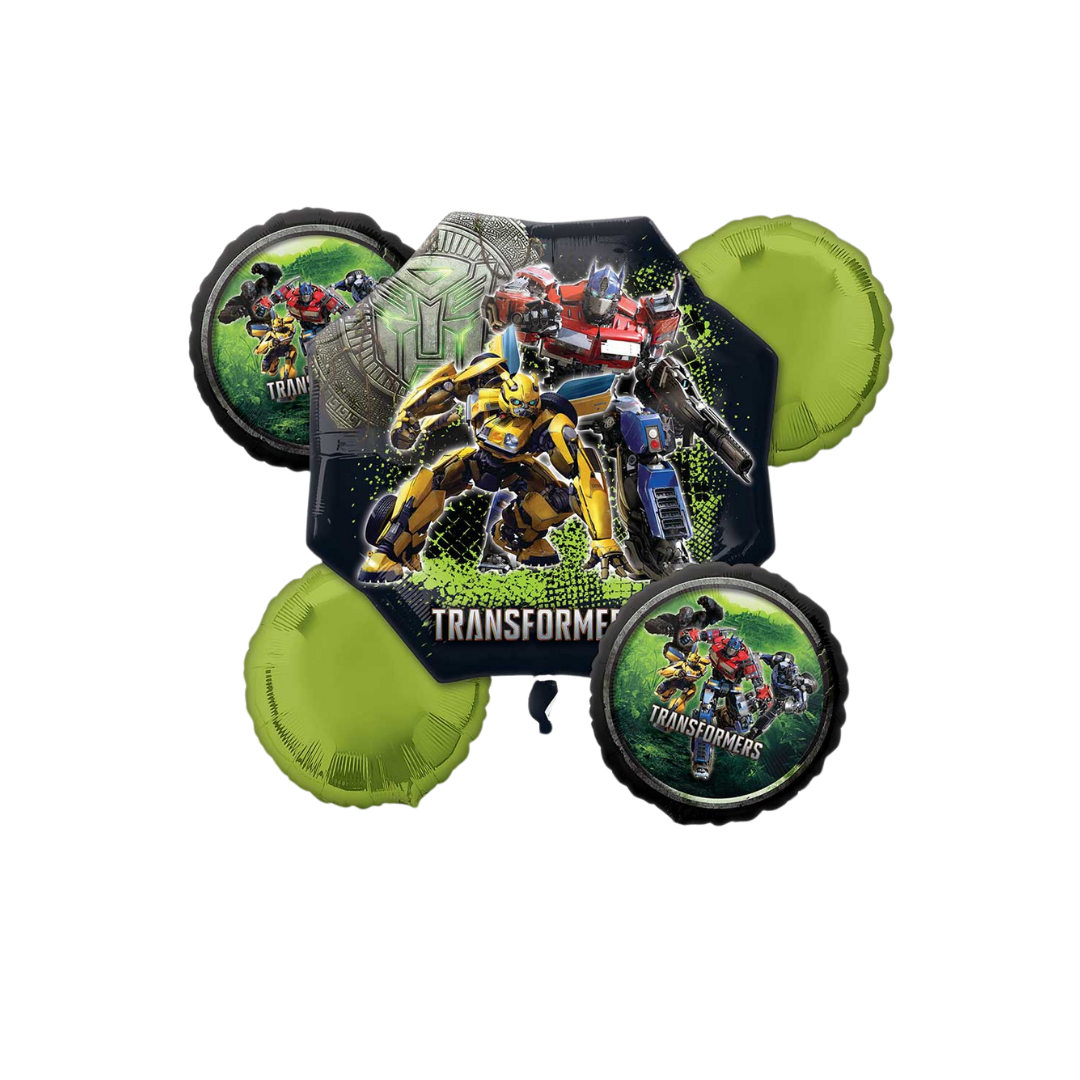 Green and black Transformers balloons set with character designs birthday theme from Parte Haus party supply store in Bethesda MD