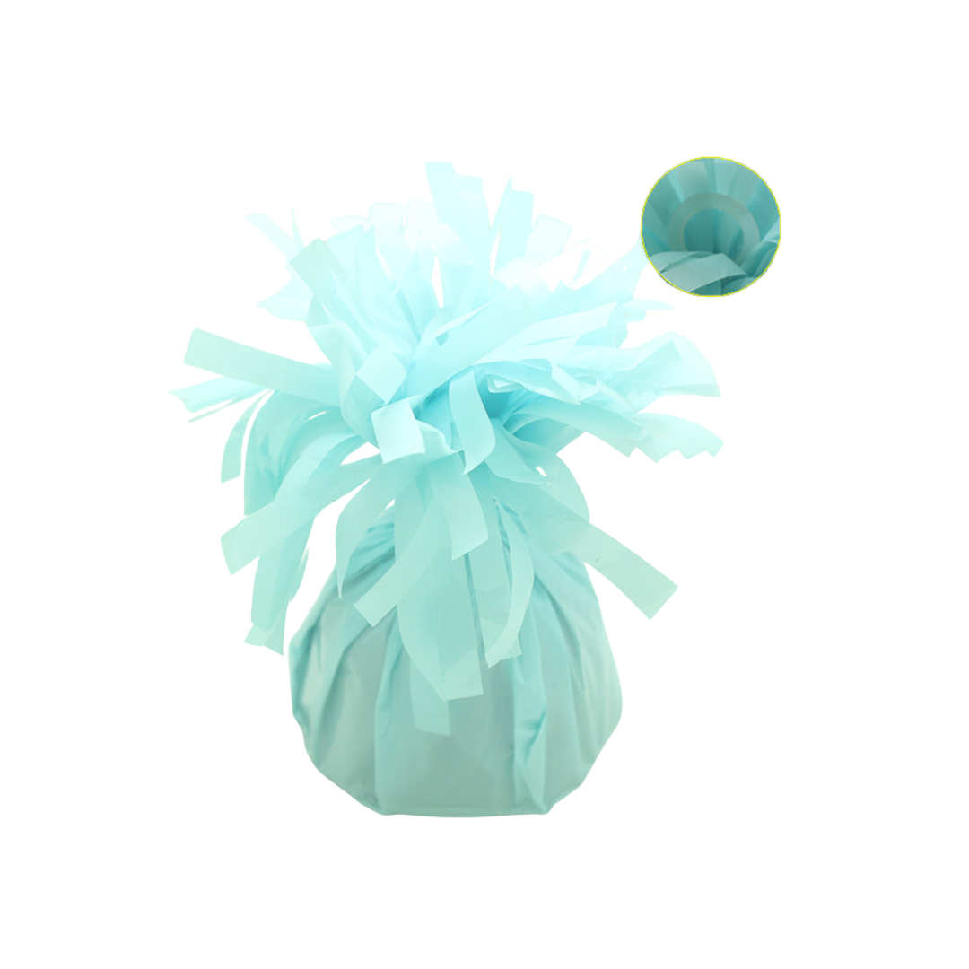 Baby blue foil wrapped balloon weight festive decor from Parte Haus party supply store in Bethesda Maryland