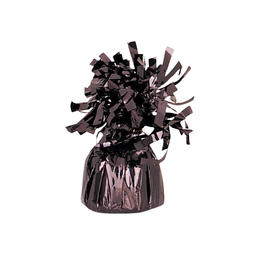 Black foil balloon weight with shiny fringe for celebration from Parte Haus party supply store in Bethesda MD