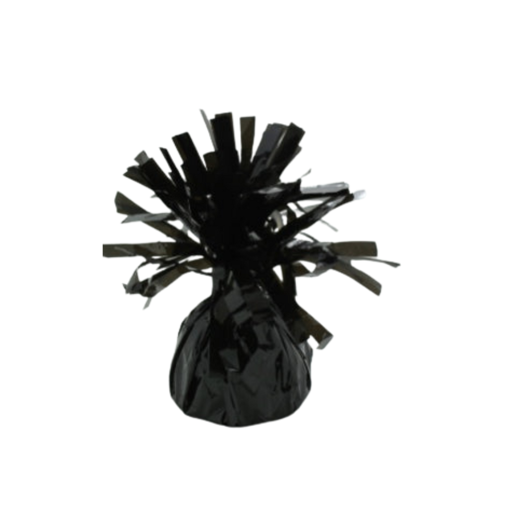 Black foil balloon weight with shiny tassel for birthdays from Parte Haus party supply store in Bethesda MD