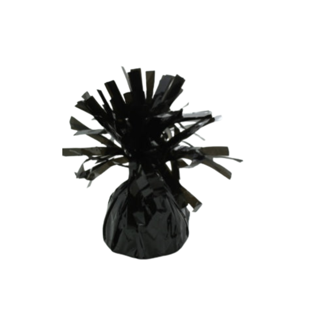 Black foil balloon weight with shiny tassel for birthdays from Parte Haus party supply store in Bethesda MD
