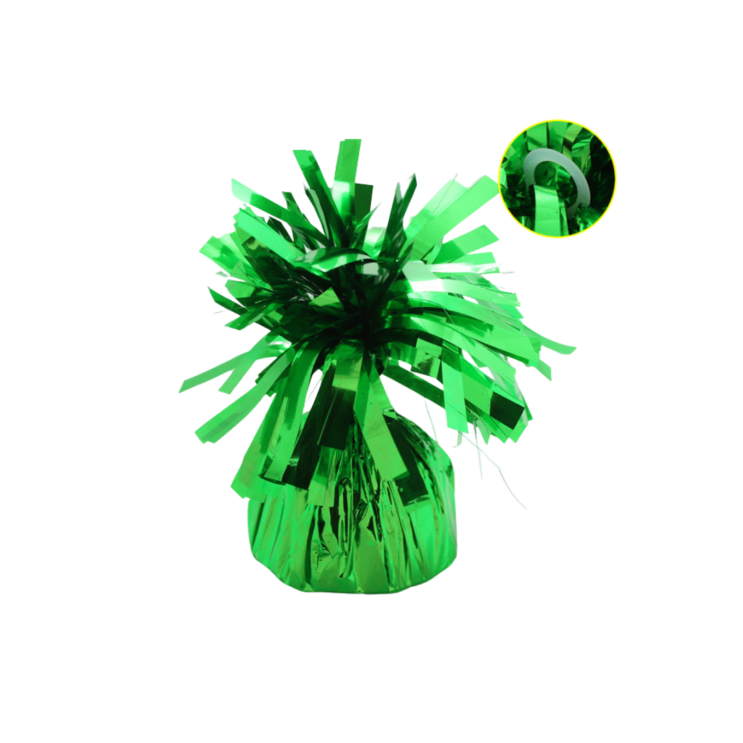 Green foil balloon weight with shiny top for birthday celebration from Parte Haus party supply store in Bethesda MD