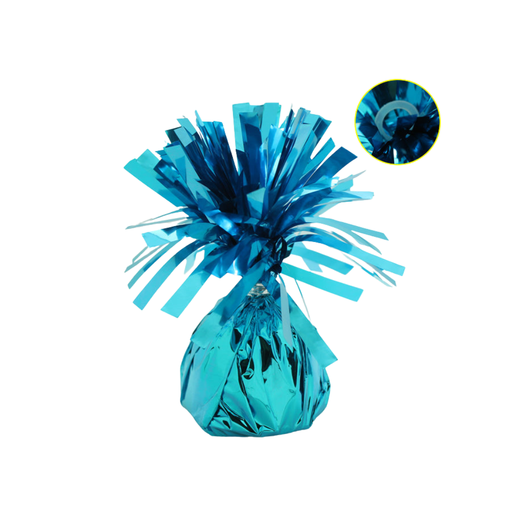 Light blue foil wrapped balloon weight with shiny fringe decor from Parte Haus party supply store in Bethesda MD