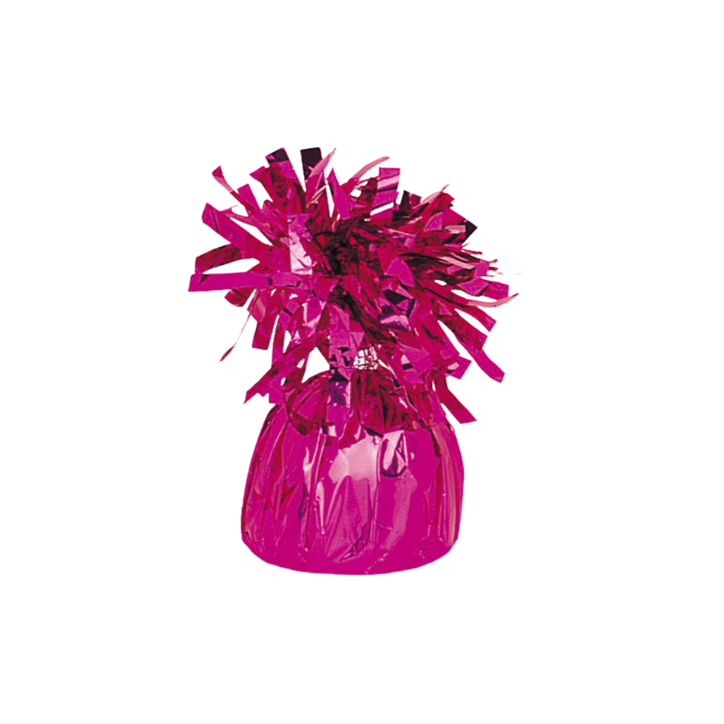 Magenta foil balloon weight with shiny tinsel topper for birthday from Parte Haus party supply store in Bethesda MD