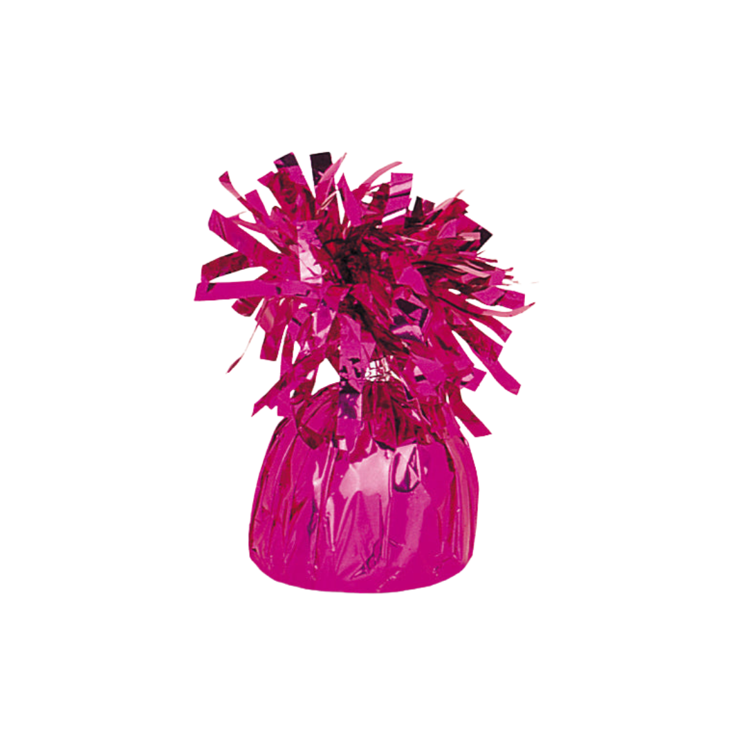 Magenta foil wrapped balloon weight with shiny tassel for birthday celebration from Parte Haus party supply store in Bethesda MD