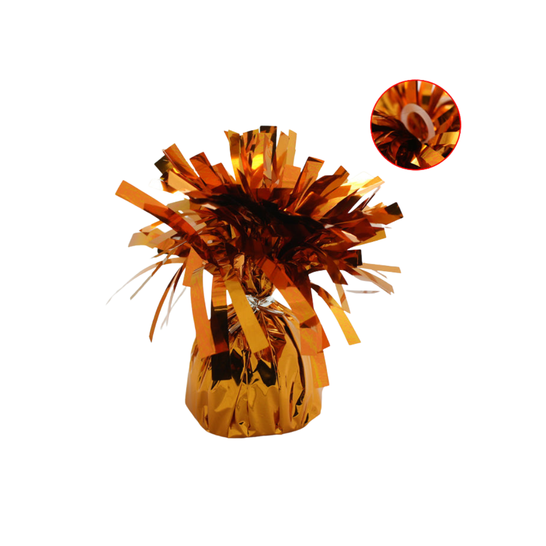 Orange foil balloon weight shiny and festive tabletop decor for celebrations from Parte Haus party supply store in Bethesda MD.