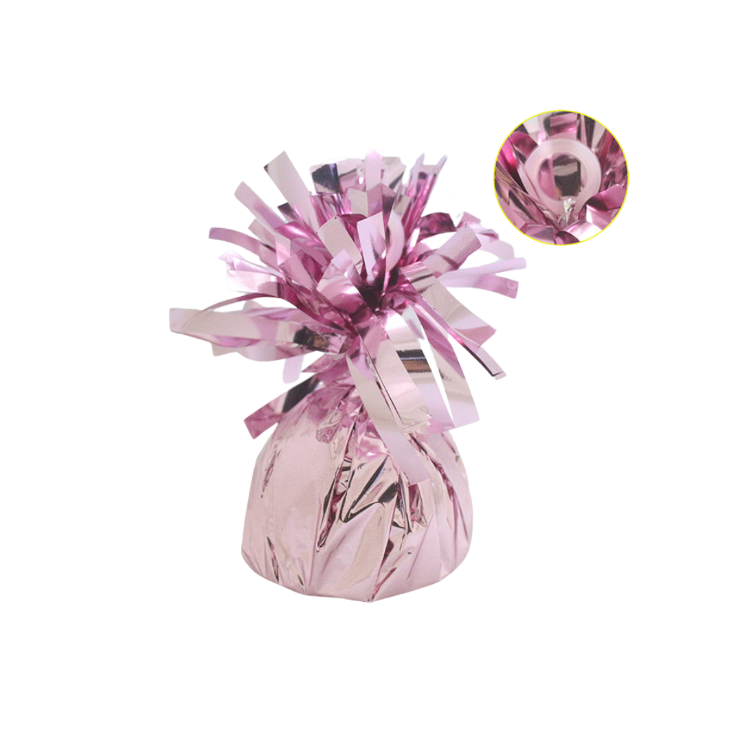 Pink foil wrapped balloon weight with shiny frills perfect for birthdays from Parte Haus party supply store in Bethesda MD