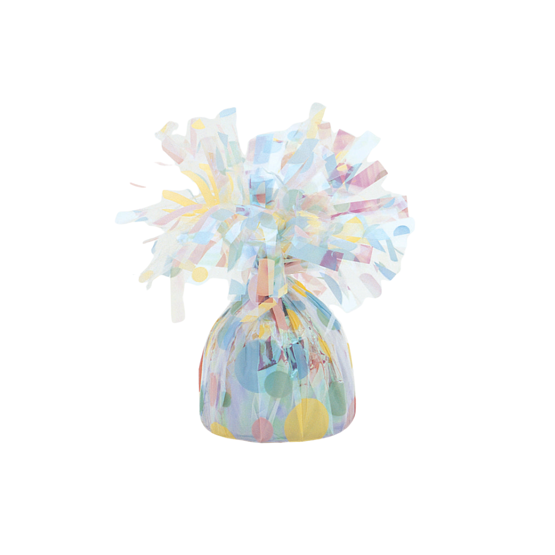 Pastel polka dot foil wrapped balloon weight with ruffled top for birthday from Parte Haus party supply store in Bethesda Maryland