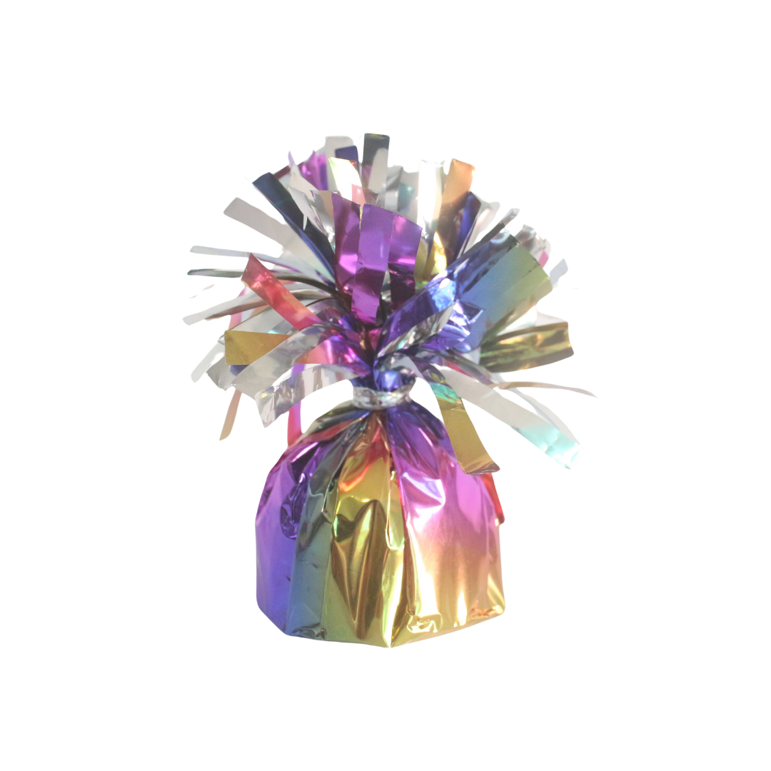 Rainbow foil balloon weight shiny metallic decor for birthday from Parte Haus party supply store in Bethesda MD